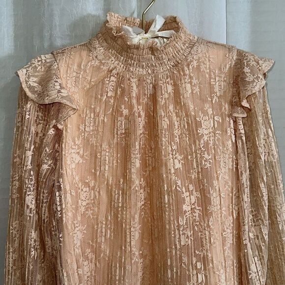 porridge x Anthro Peach Lace Mock Neck Statement Sleeves Pleated Blouse - Picture 6 of 13